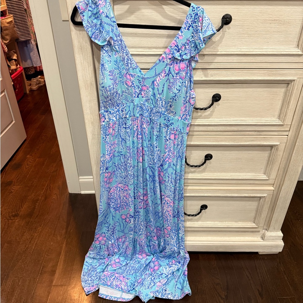 Lilly Pulitzer Blue and Pink Maxi Dress with Ruffled Sleeves
